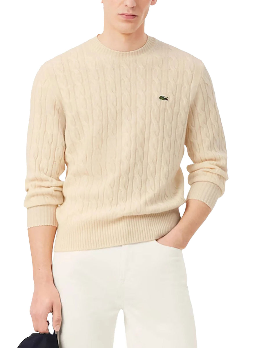 Maglia girocollo Lacoste uomo manica lunga trecce lana cardata panna