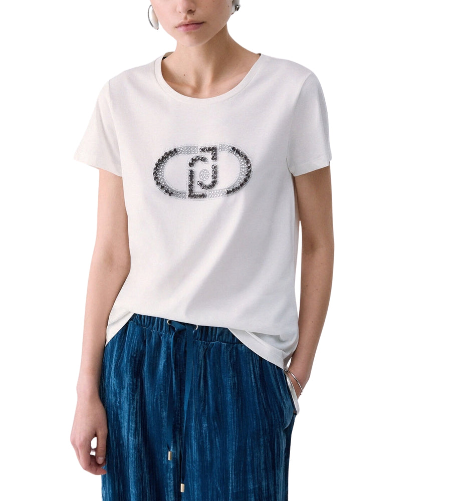 T-shirt Liu Jo Sport donna con monogramma e strass bianco