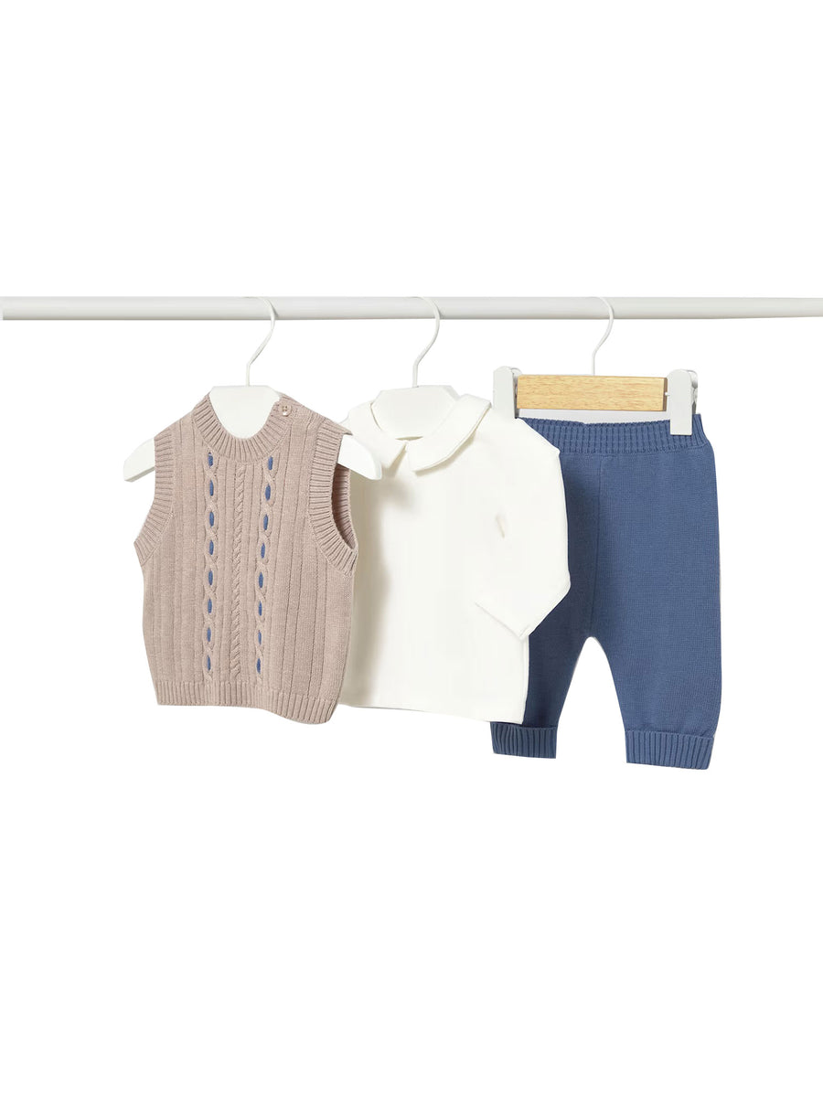 Completo Mayoral neonato gilet, maglia e mantalone blueberry