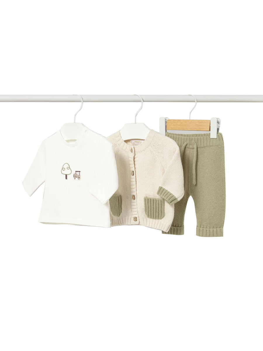 Completo Mayora neonato cardigan, t-shirt e pantalone alloro