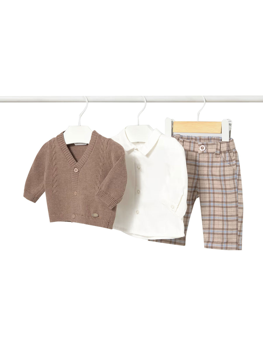 Completo Mayoral neonato cardigan, camicia e pantalone brownie