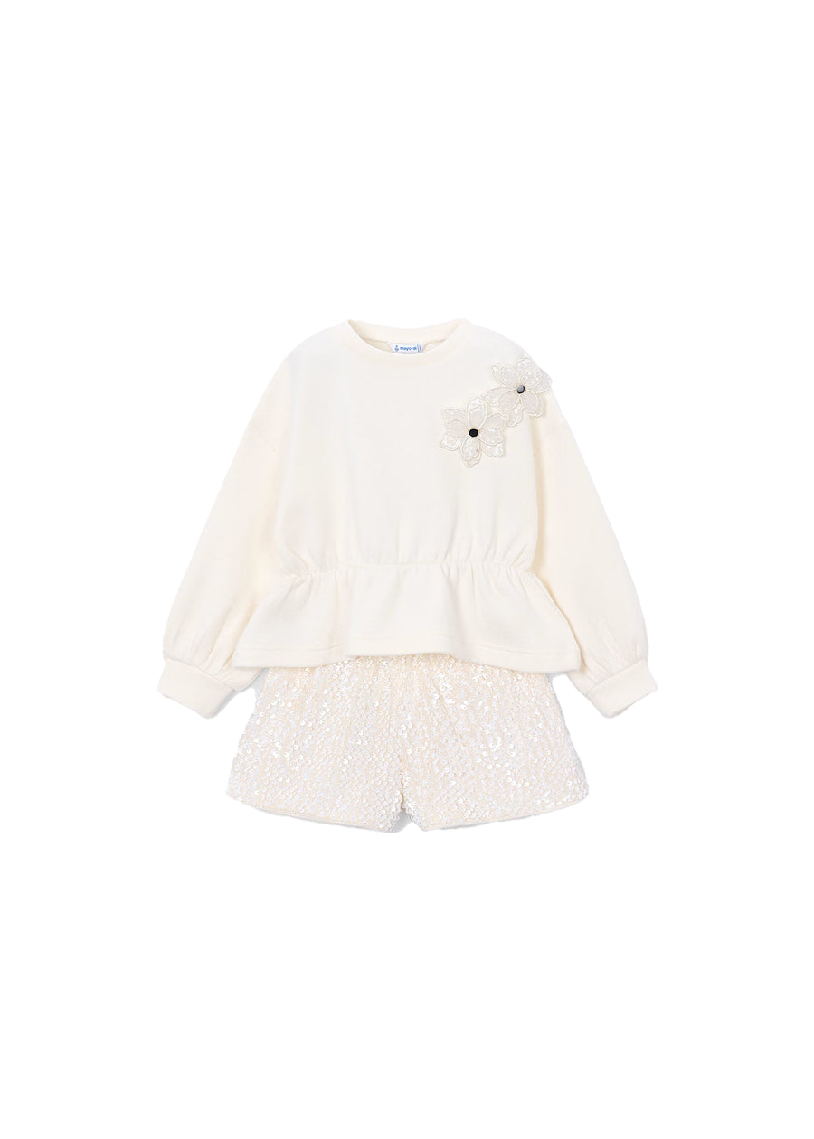 Completo Mayoral bambina blusa e bermuda paillettes soia