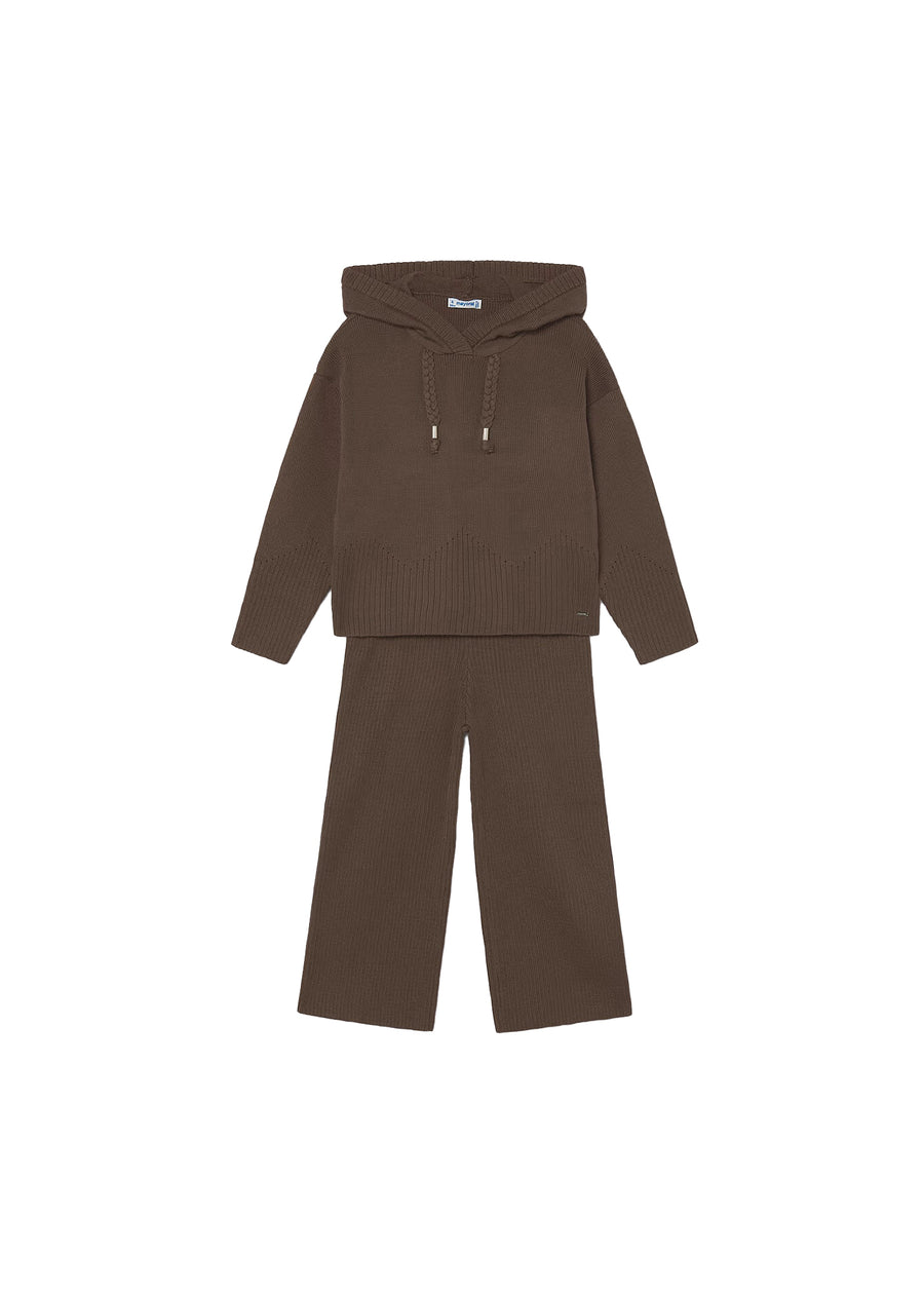 Tuta Mayoral bambina in maglia con cappuccio caffè