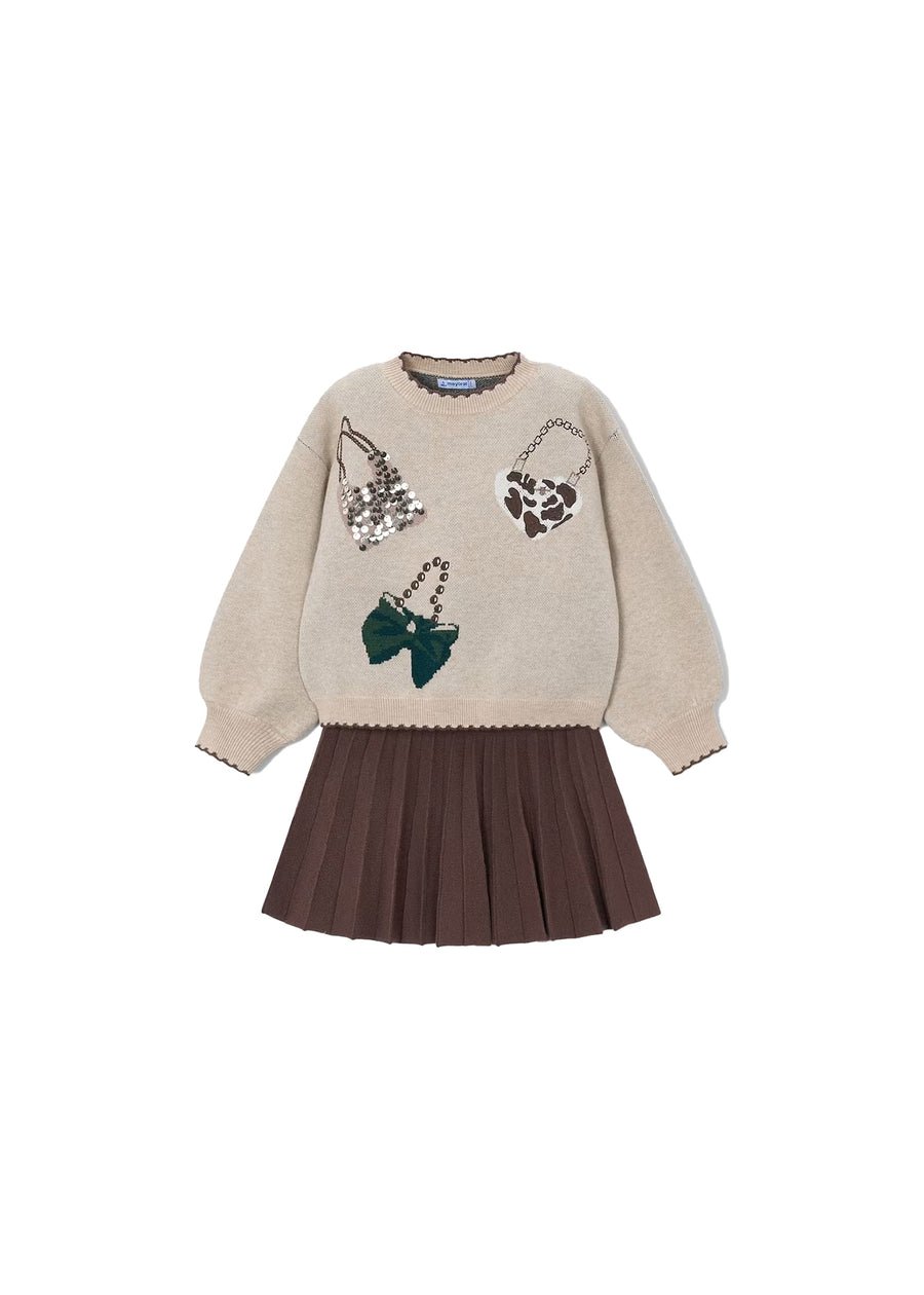 Completo Mayoral bambina mglia e gonna tricot caffè