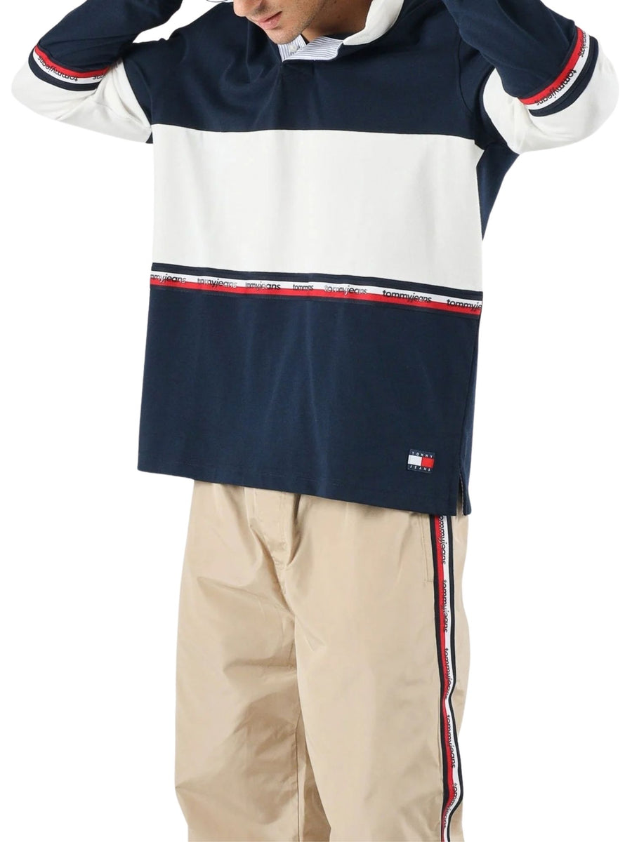 Polo Tommy Jeans uomo rugby colorblock manica lunga blu