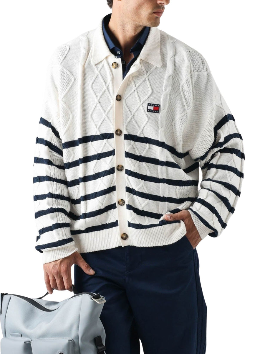 Cardigan Tommy Jeans uomo a trecce e righe con bottoni bianco antico