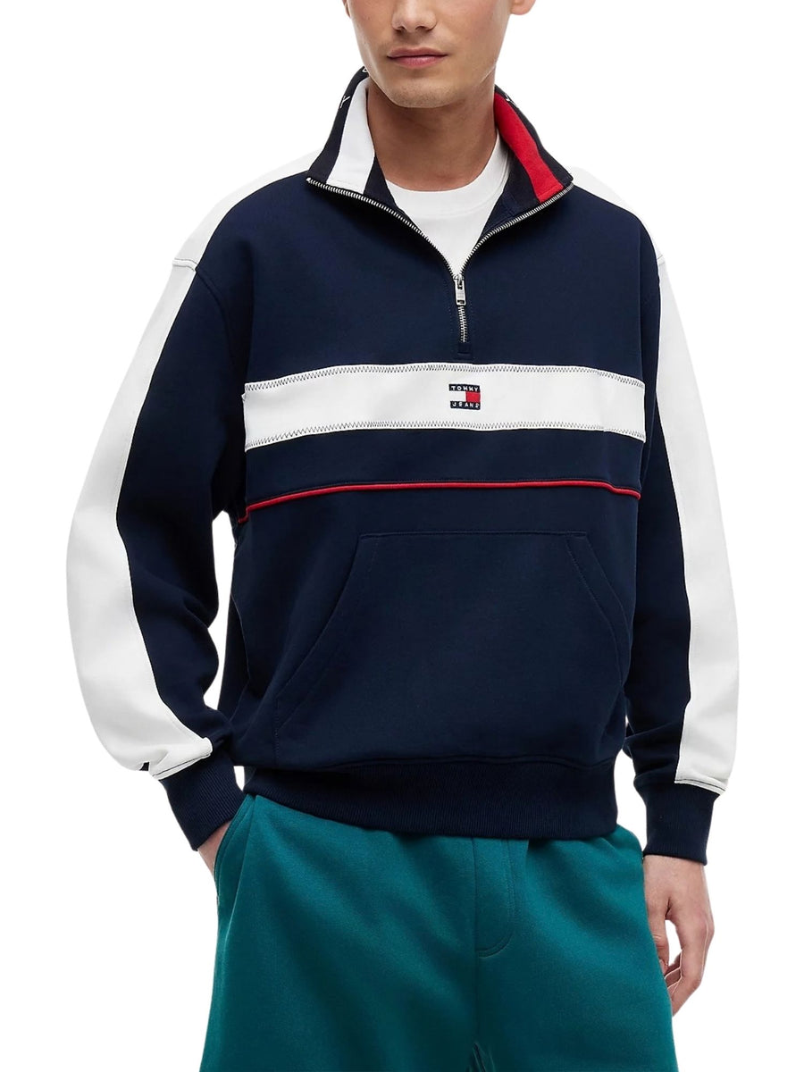 Felpa Tommy Jeans uomo mezza zip colorblock blu