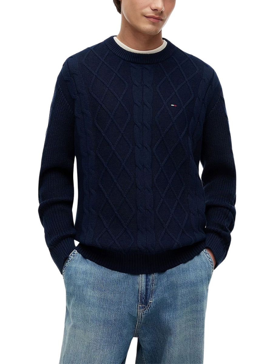 Maglia Tommy Jeans uomo classic flag lavorata a trecce blu