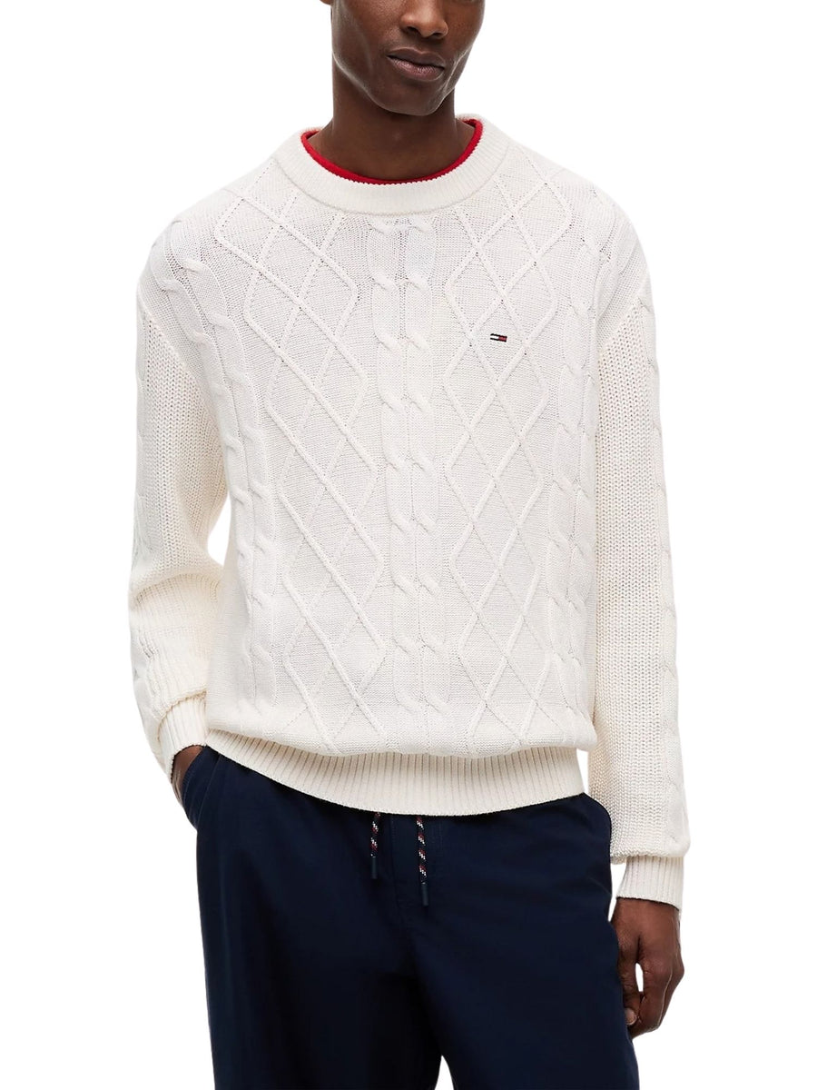 Maglia Tommy Jeans uomo girocollo a trecce e rombi bianco antico
