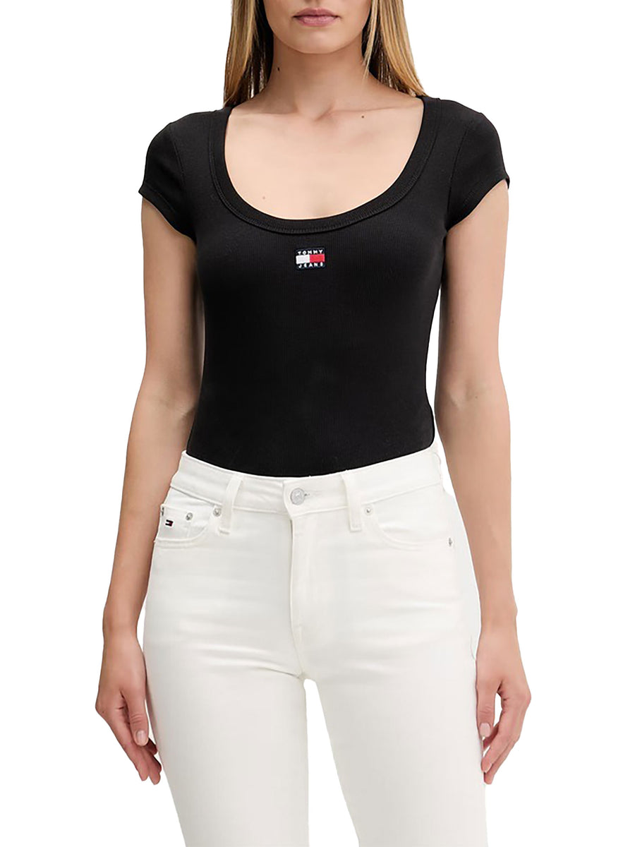 T-shirt Tommy Jeans donna slim rib badge nero