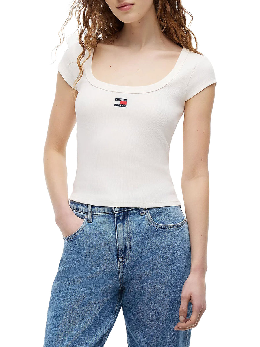 T-shirt Tommy Jeans donna slim rib badge bianco antico