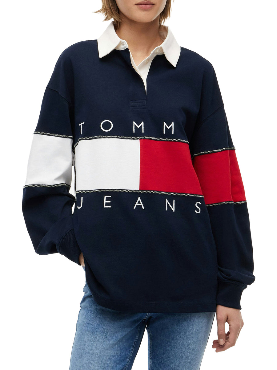Felpa Tommy Jeans donna ovs flag rugby blu