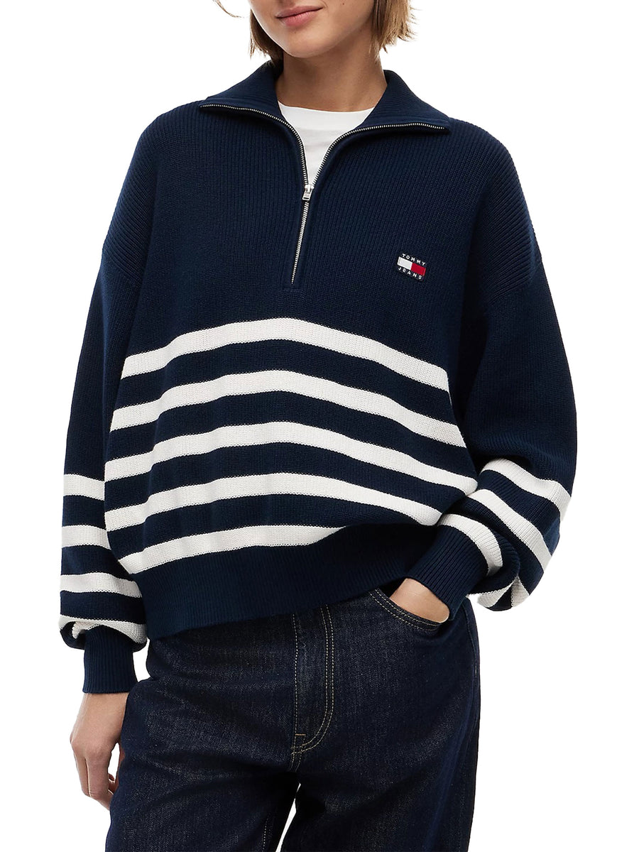 Maglia Tommy Jeans donna 1/2 zip stripe blu multi
