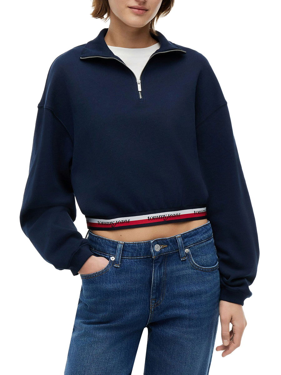 Felpa Tommy Jeans donna 1/2 zip boxy tape blu