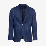 Giacca Napoli monopetto in lino e cotone gessato bluette