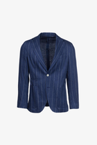 Giacca Napoli monopetto in lino e cotone gessato bluette
