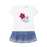 Completo 2 pezzi bambina gonna e t-shirt bianco/blu