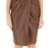 Gonna ecopelle con pieghe marrone