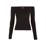 Top con spalle scoperte e distintivo nero